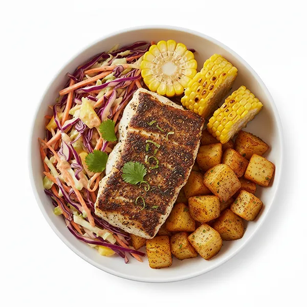 Jerk-Spiced Fish With Shredded Cabbage Slaw, Corn Cob & Spiced Potato
